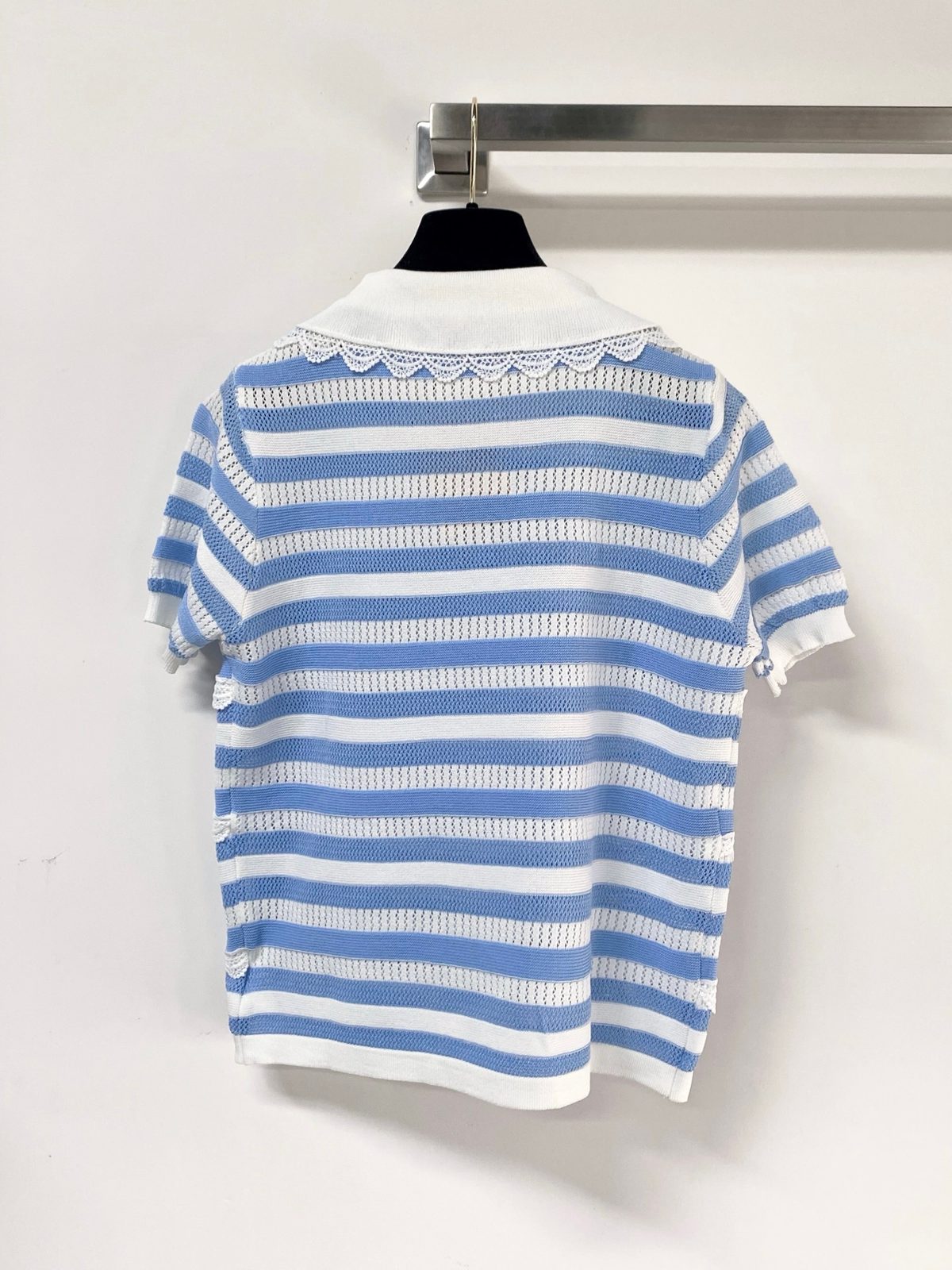 Miu Miu Striped Lace Collar Knit T-Shirt