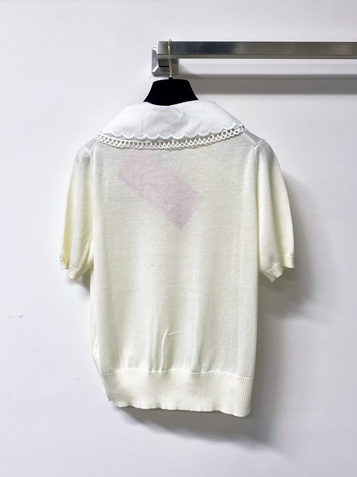 Cream Knit Polo Shirt with Lace Collar