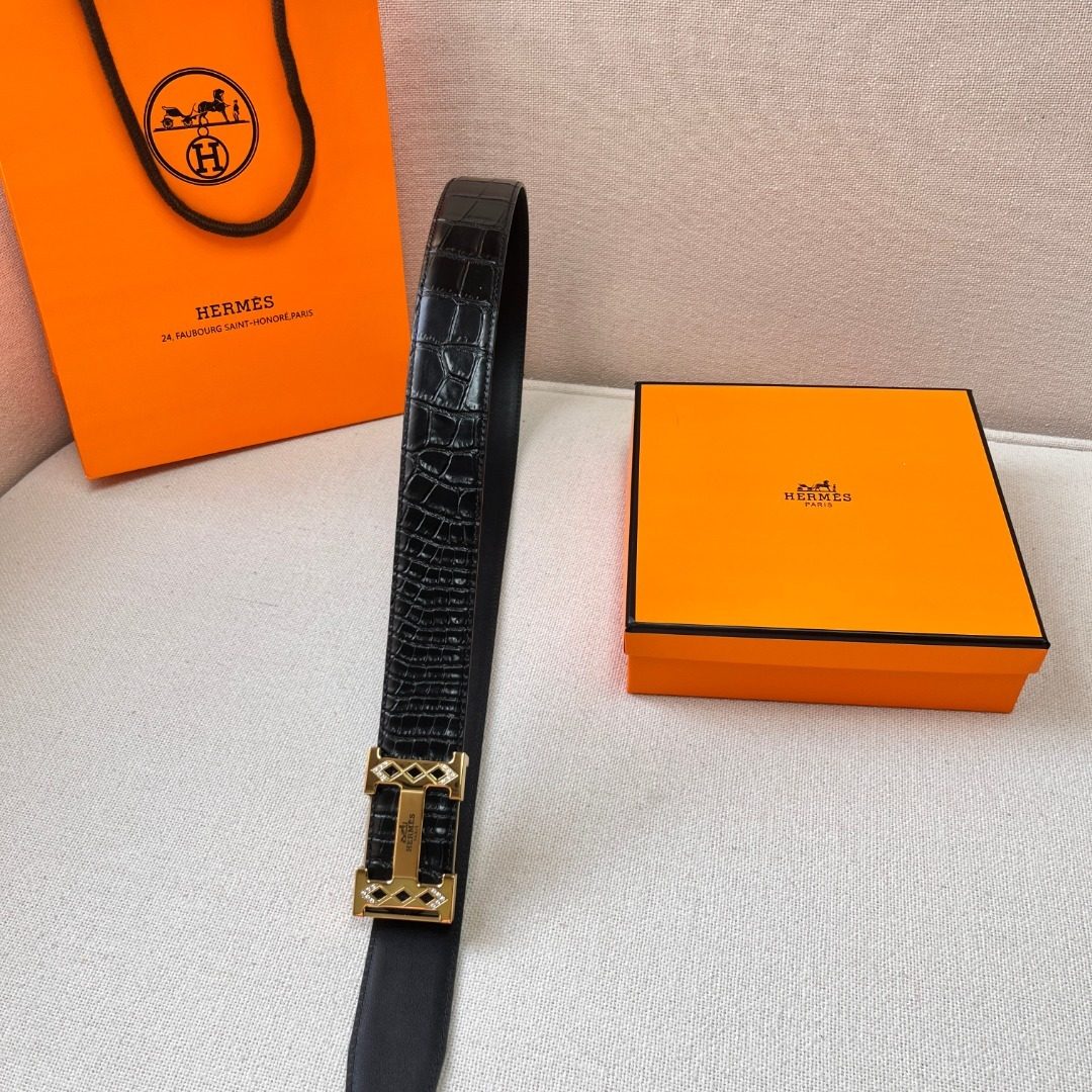 Hermès Crocodile Leather Belt with Gold Buckle