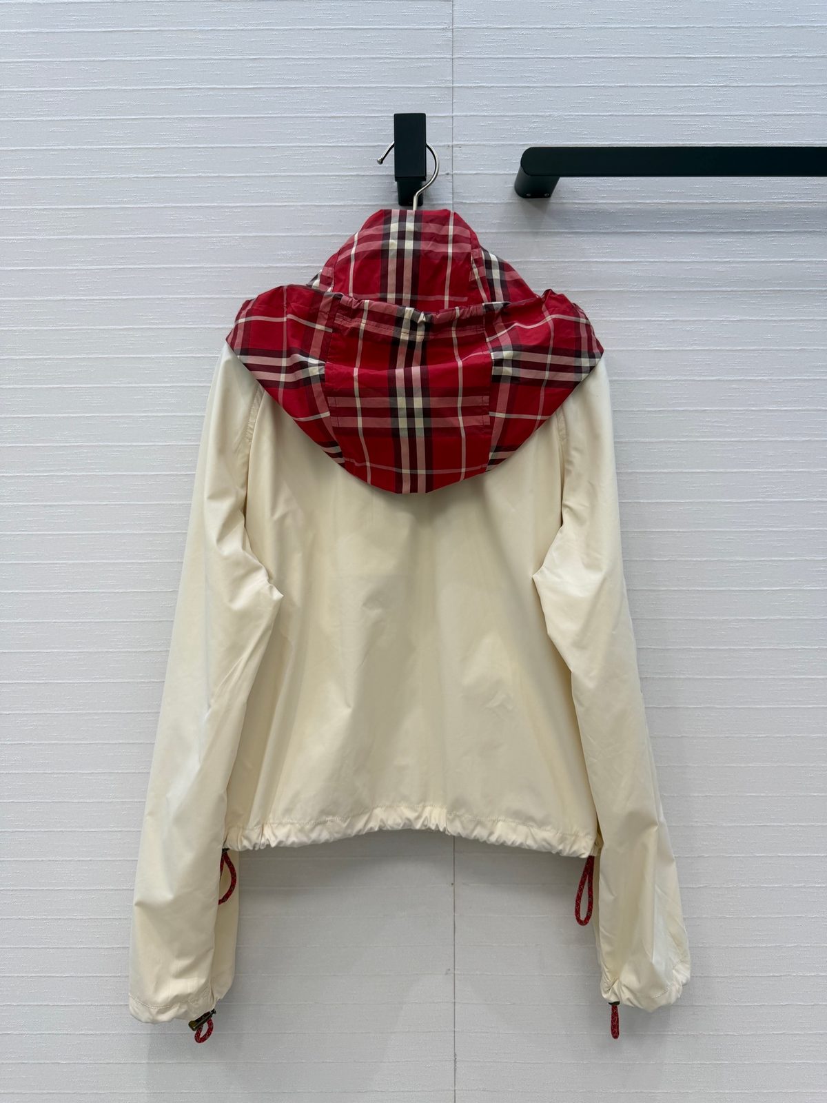 Cream Windbreaker Jacket with Plaid Hood