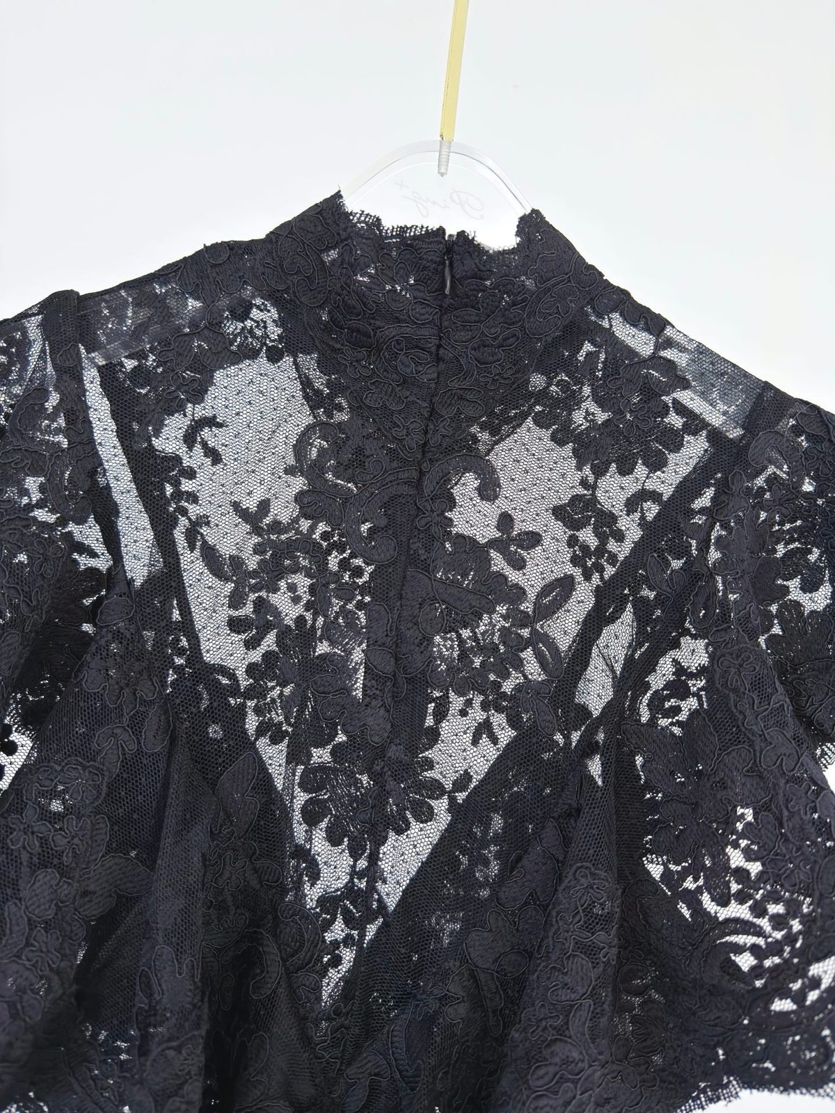 Black Lace Long-Sleeve Blouse with Ribbon Ties
