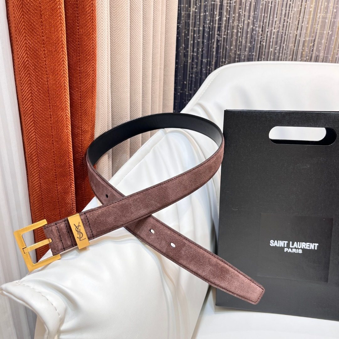 Saint Laurent Suede Leather Belt Brown