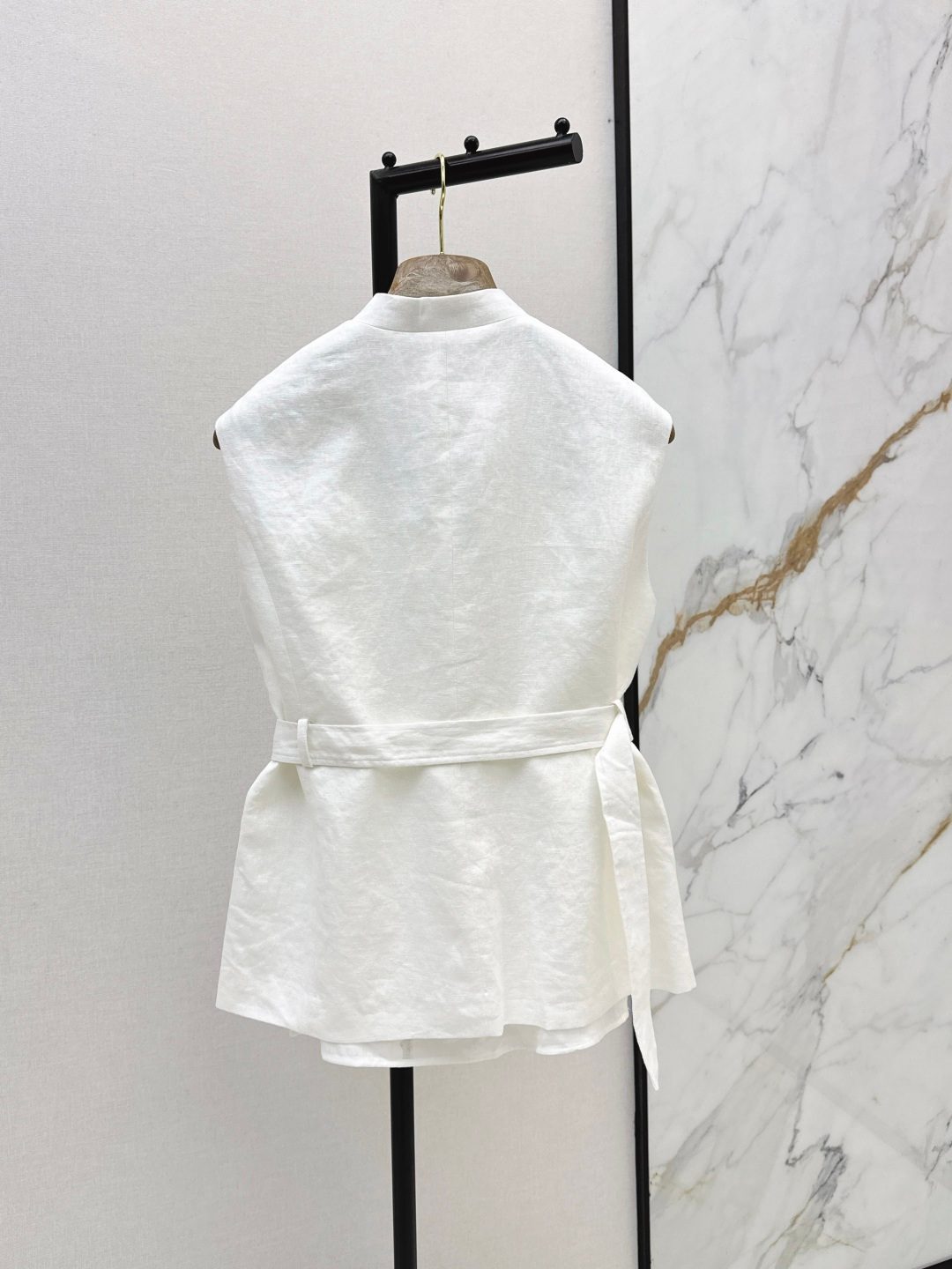 White Linen Cargo Vest with Belt