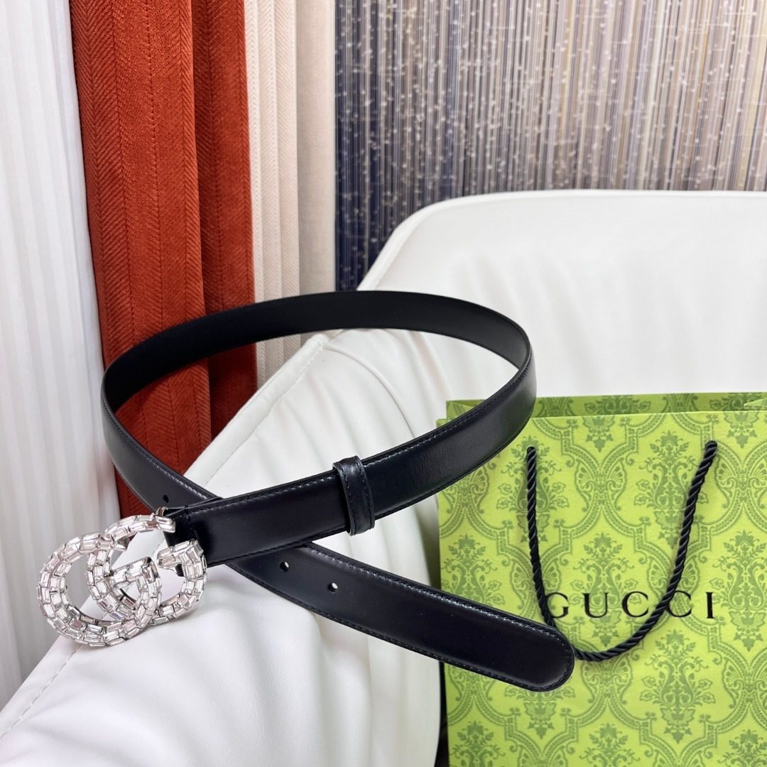 Gucci Crystal Buckle Black Leather Belt