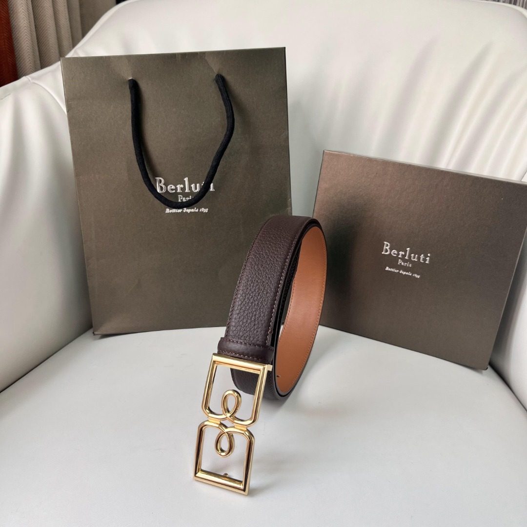 Berluti Reversible Leather Belt with Gold Buckle