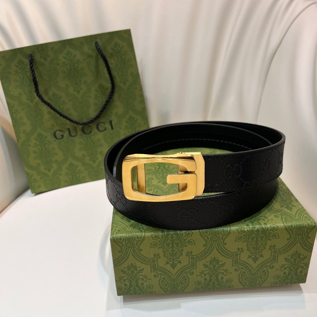Gucci GG Leather Belt with Gold Buckle