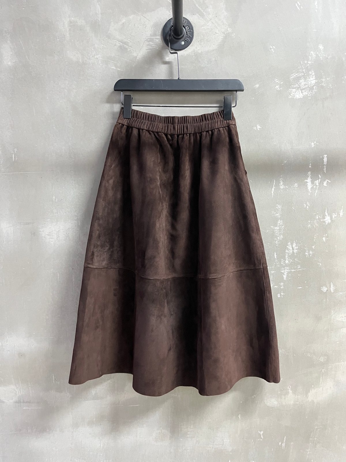 Brown Suede A-Line Midi Skirt
