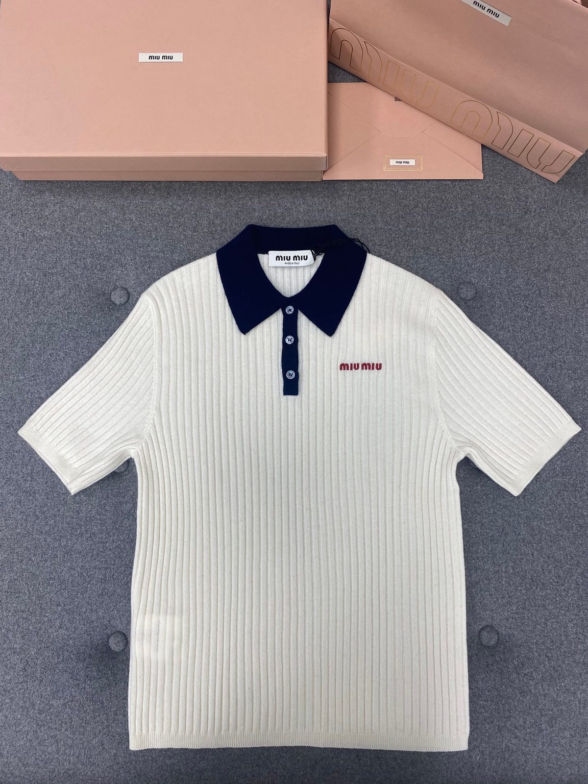 Miu Miu Ribbed Polo Shirt White Navy