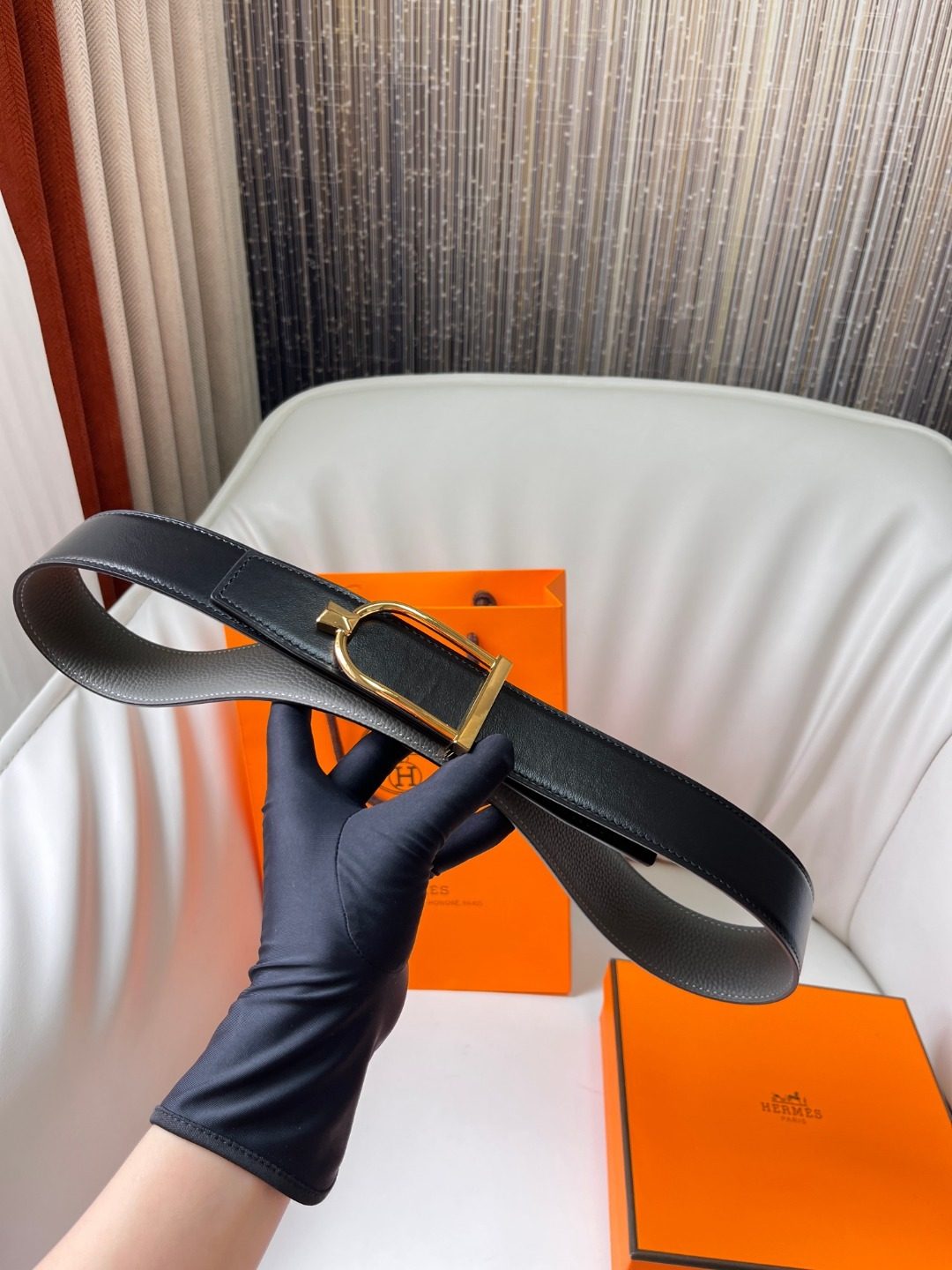 Hermès Reversible Leather Belt with Gold Buckle