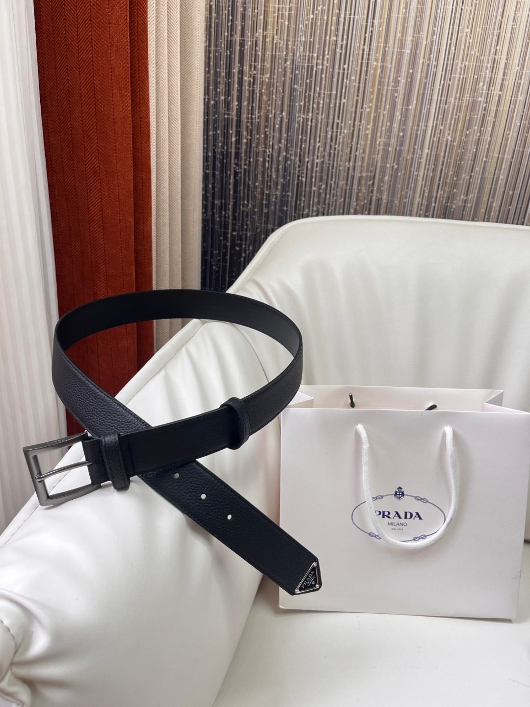 Prada Black Leather Belt with Triangle Logo