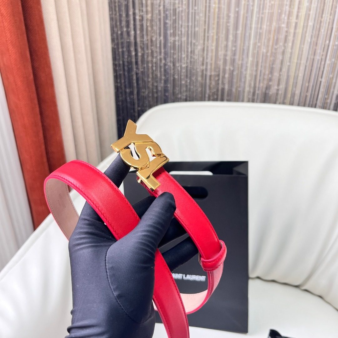 Saint Laurent Cat-Head Gold Buckle Red Leather Belt