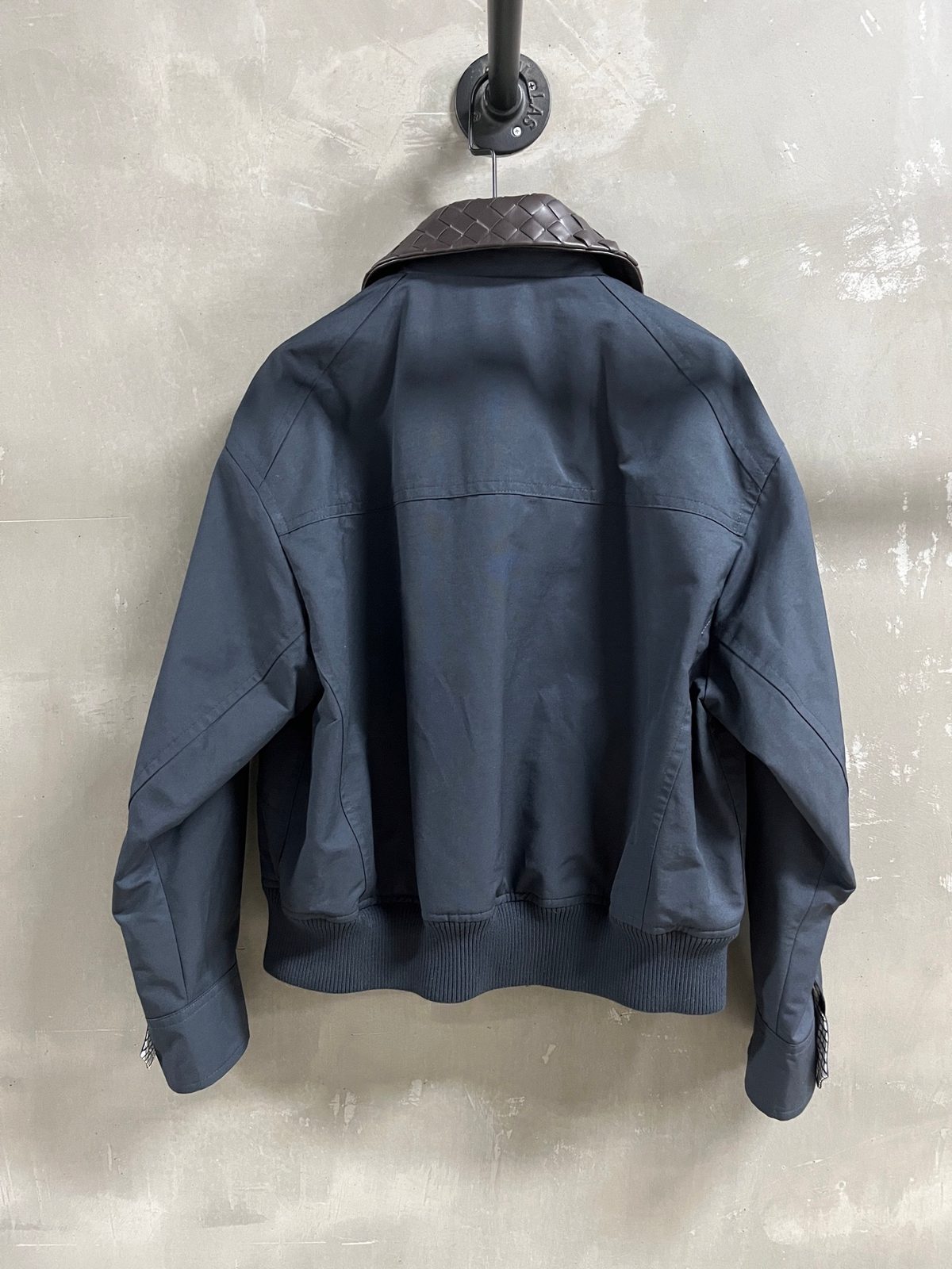 Navy Blue Leather Bomber Jacket with Quilted Collar