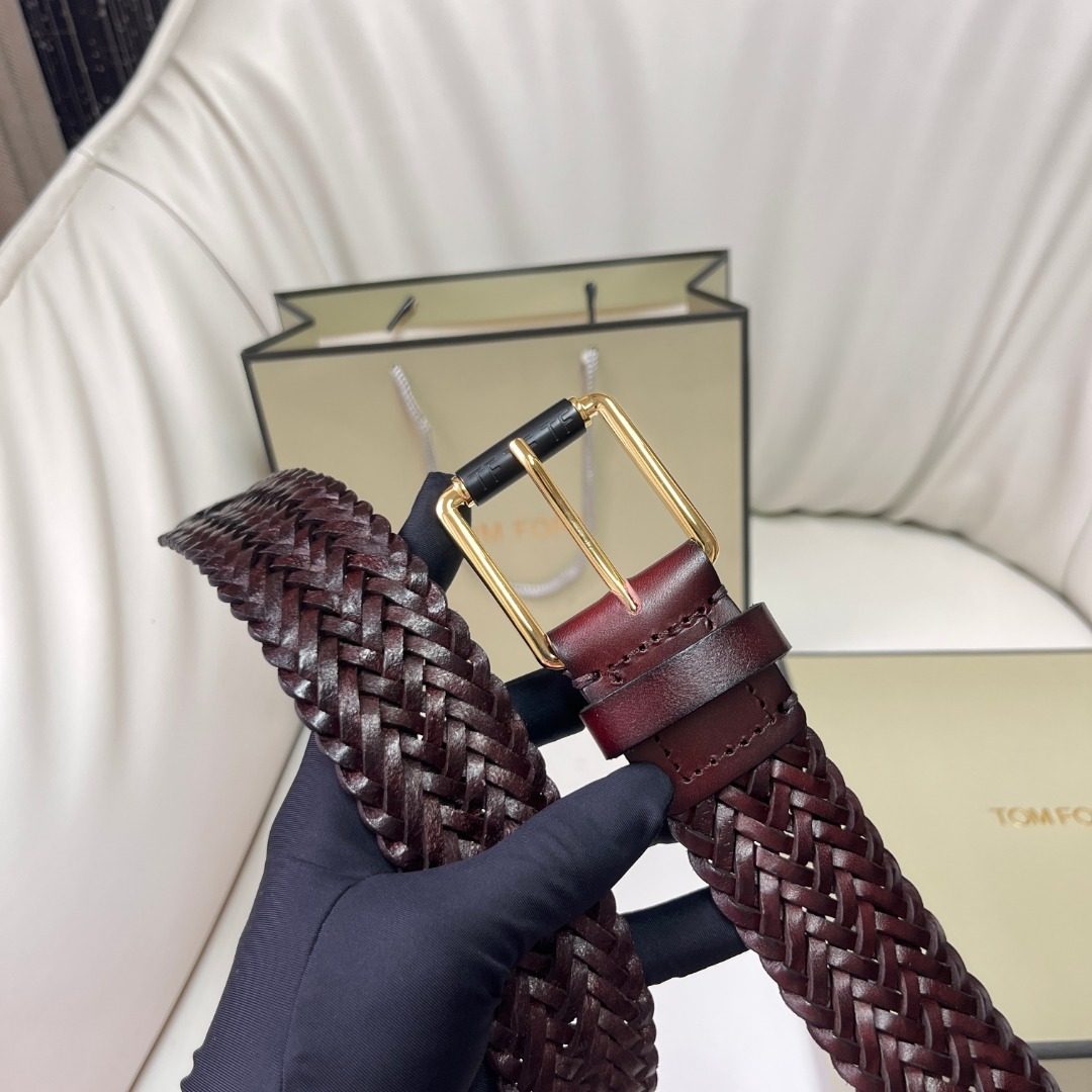 Tom Ford Woven Leather Belt Burgundy