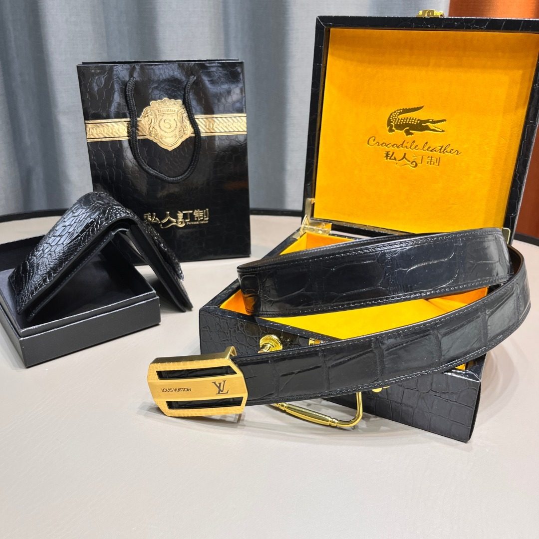 Louis Vuitton Crocodile Leather Belt with Gold Buckle