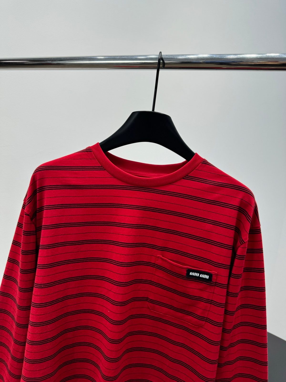 Miu Miu Red Striped Crewneck Long Sleeve T-Shirt