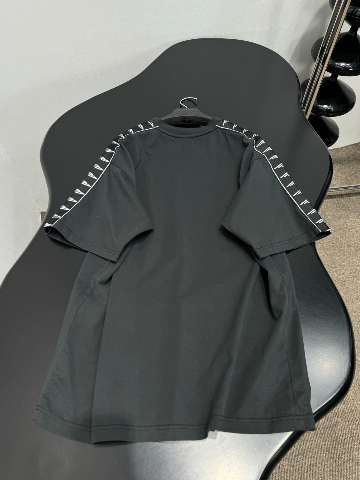 Black Crewneck T-Shirt with Sleeve Ribbing Detail
