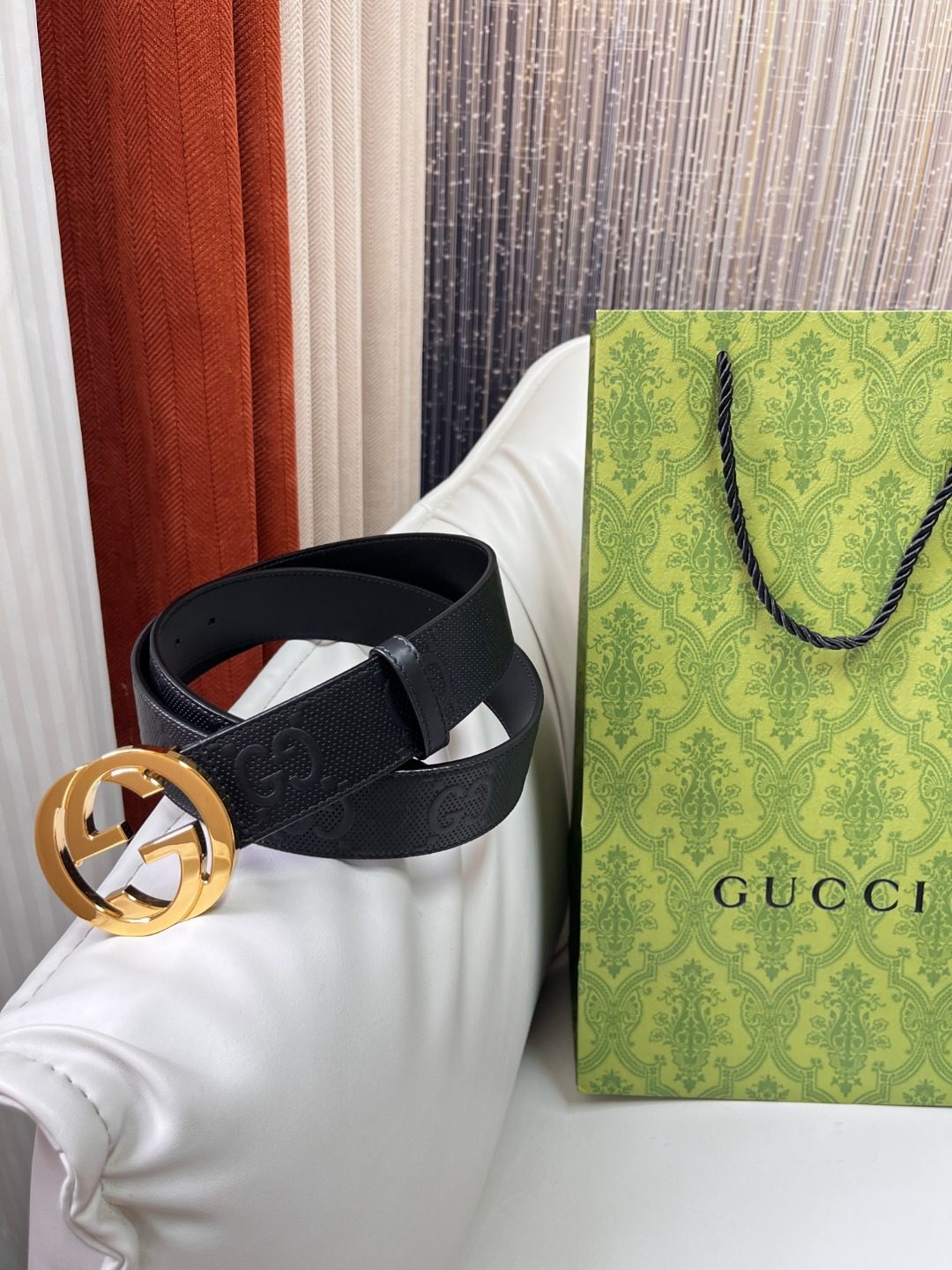 Gucci GG Canvas Leather Belt with Gold Buckle
