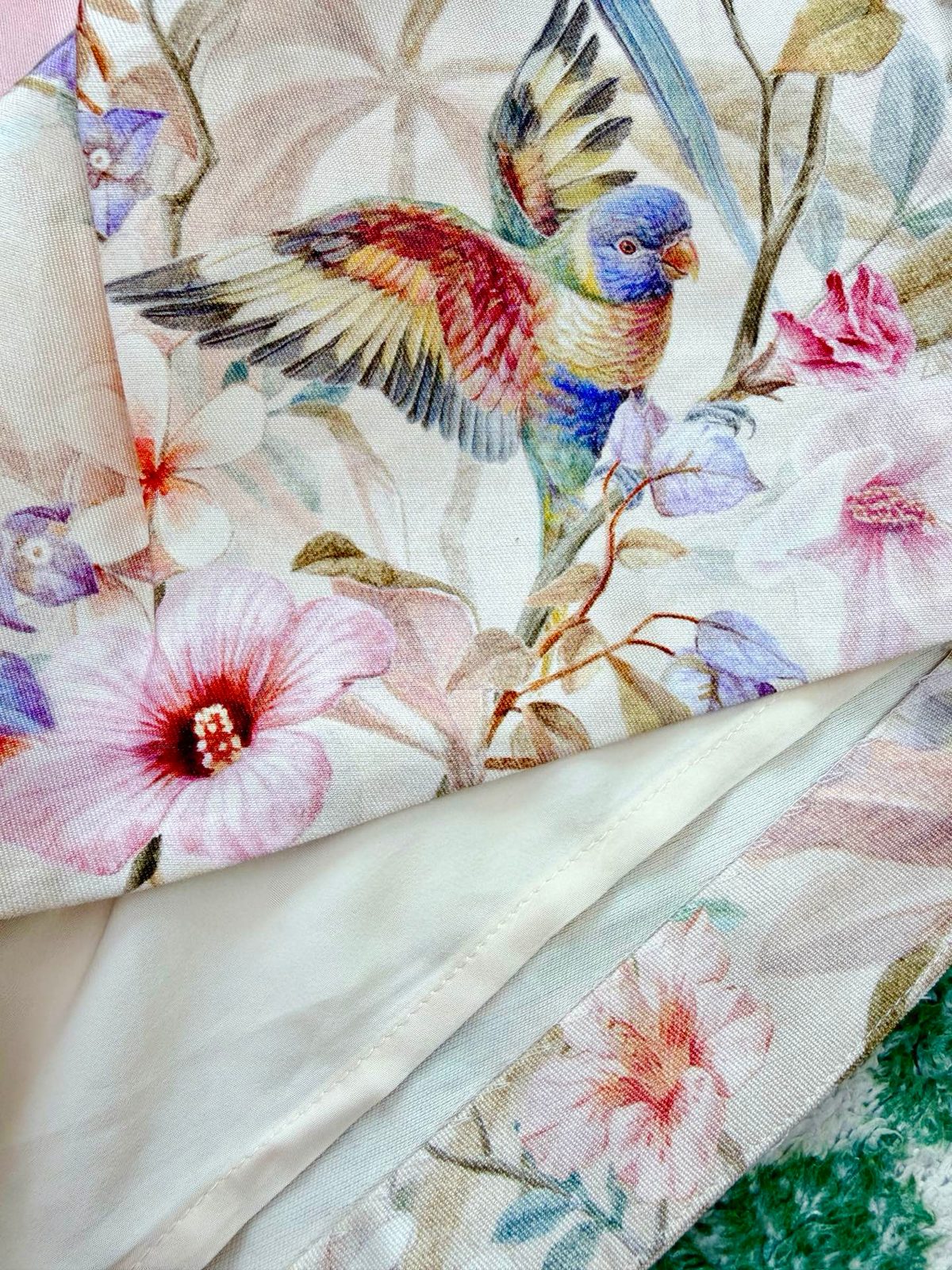 Floral Bird Print Linen Trousers