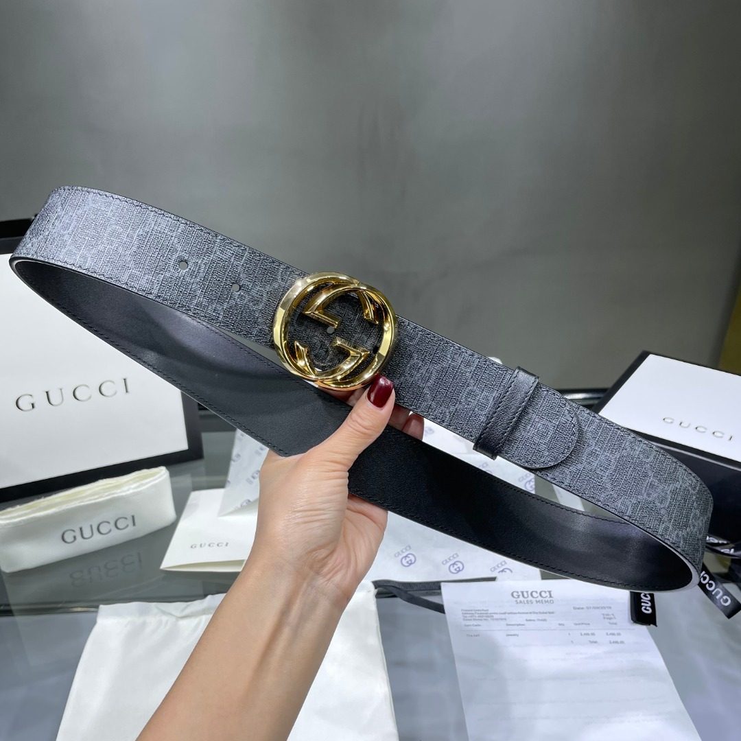 Gucci GG Canvas Leather Belt Gold Buckle