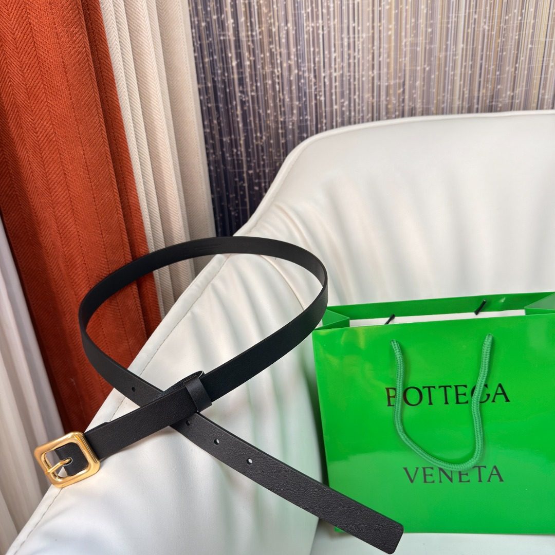Bottega Veneta Black Leather Belt with Gold Buckle