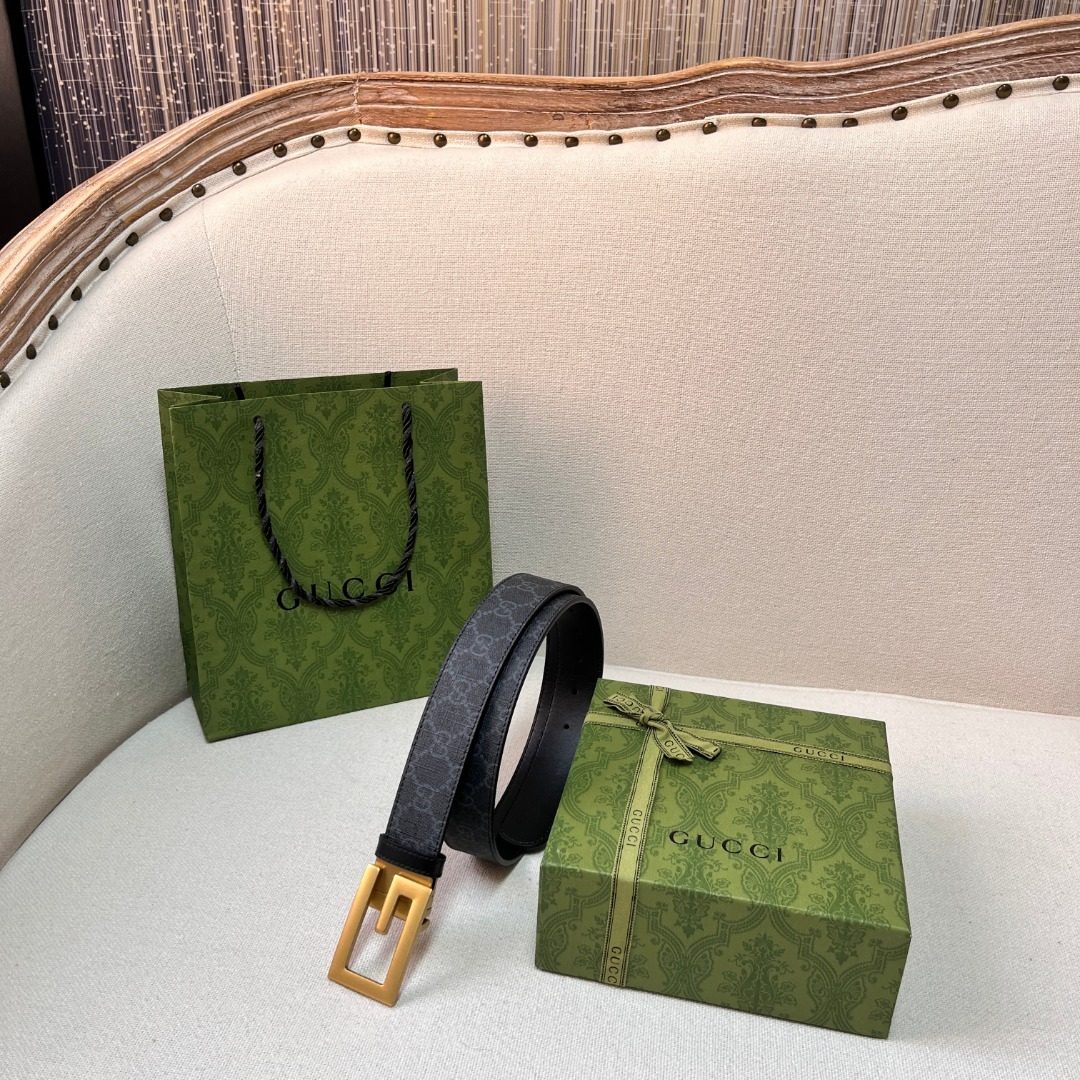 Gucci GG Canvas Leather Belt with Gold Buckle