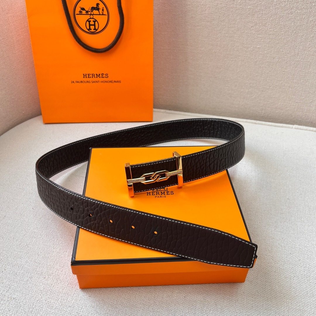 Hermès Black Leather Belt with Gold Buckle