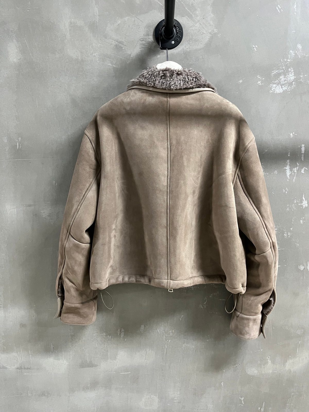 Beige Suede Bomber Jacket with Sherpa Collar