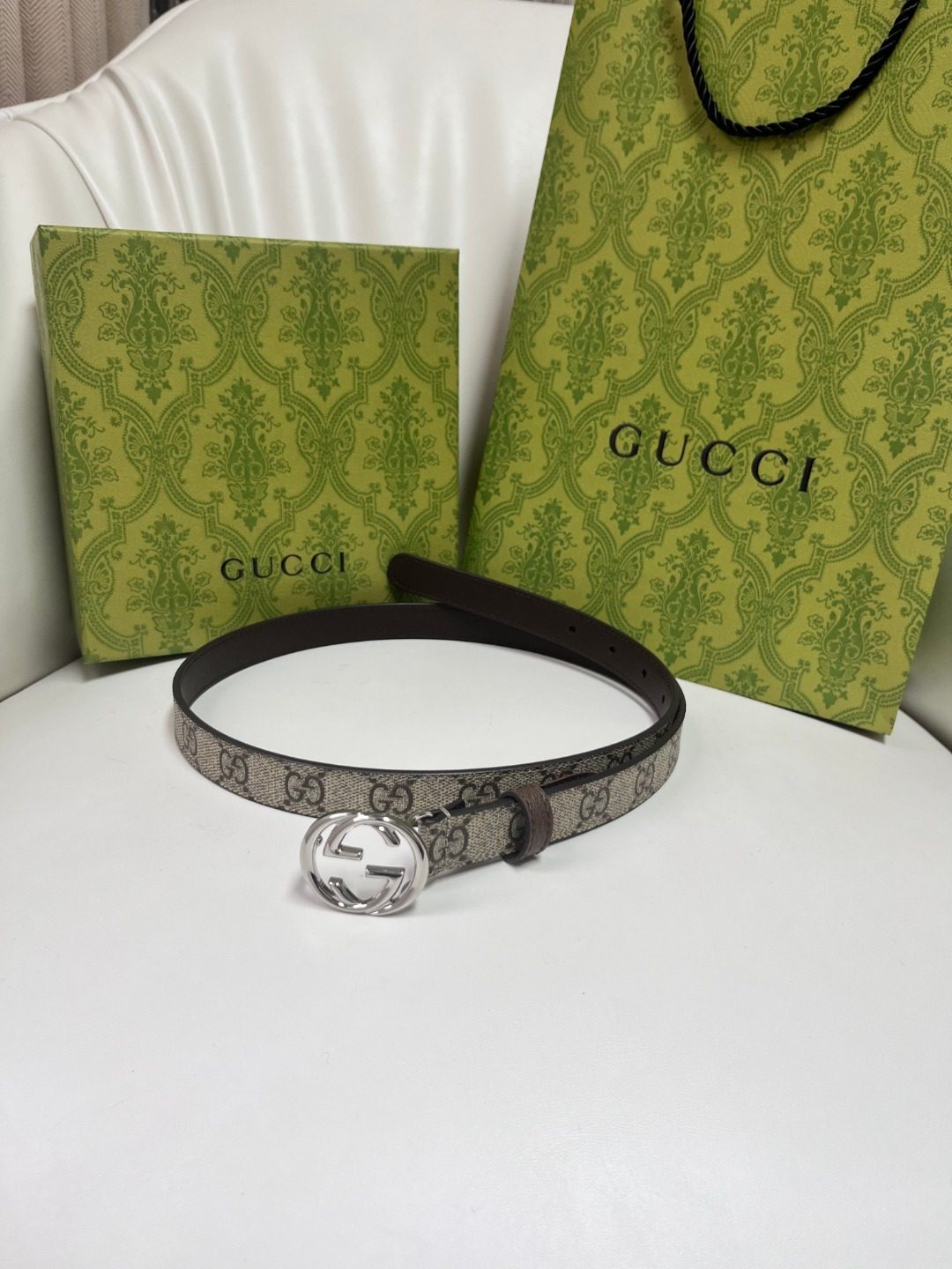 Gucci GG Monogram Leather Belt with Interlocking G Buckle