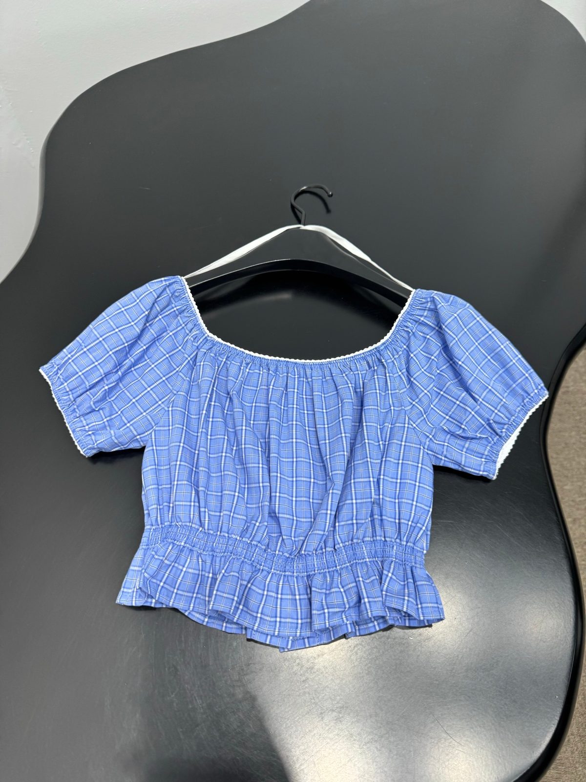 Blue Checkered Short-Sleeve Crop Top