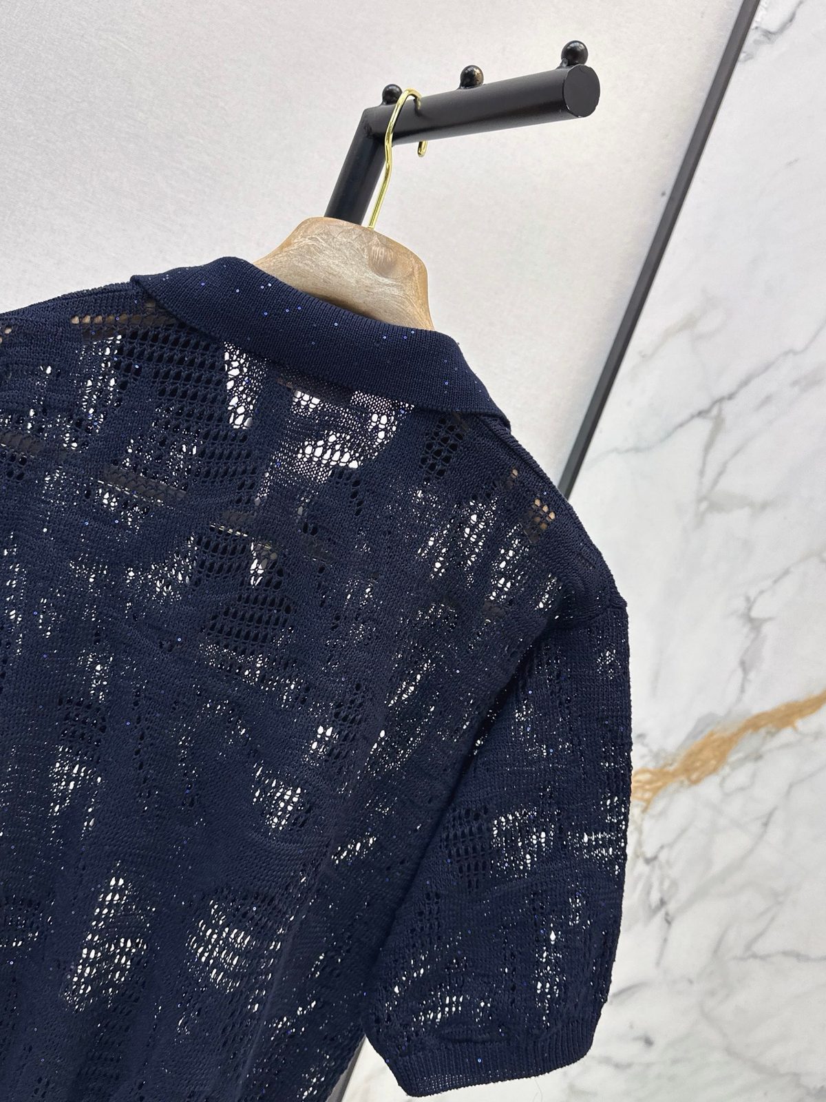 Navy Open Knit Polo Collar Sweater