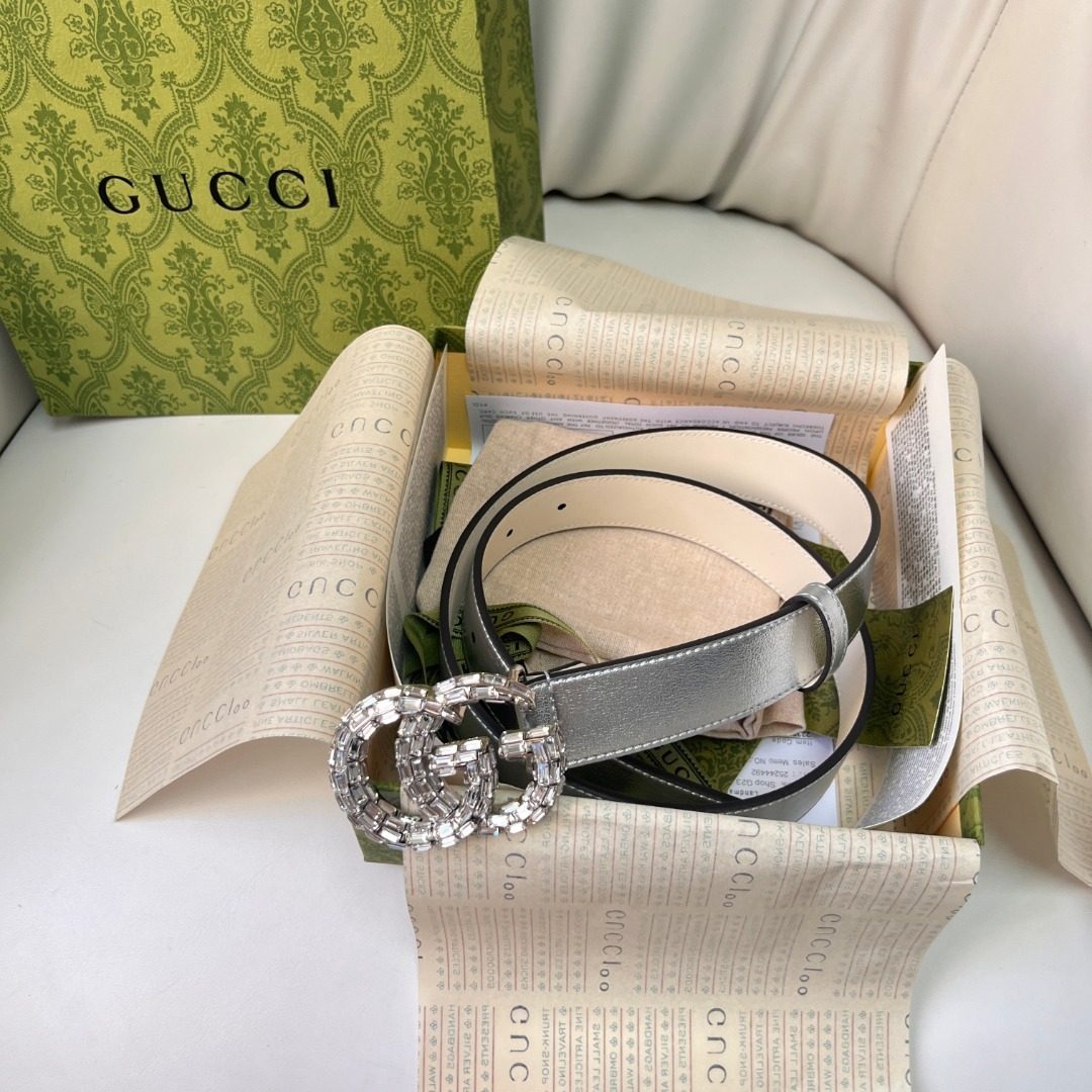 Gucci GG Crystal Buckle Metallic Leather Belt
