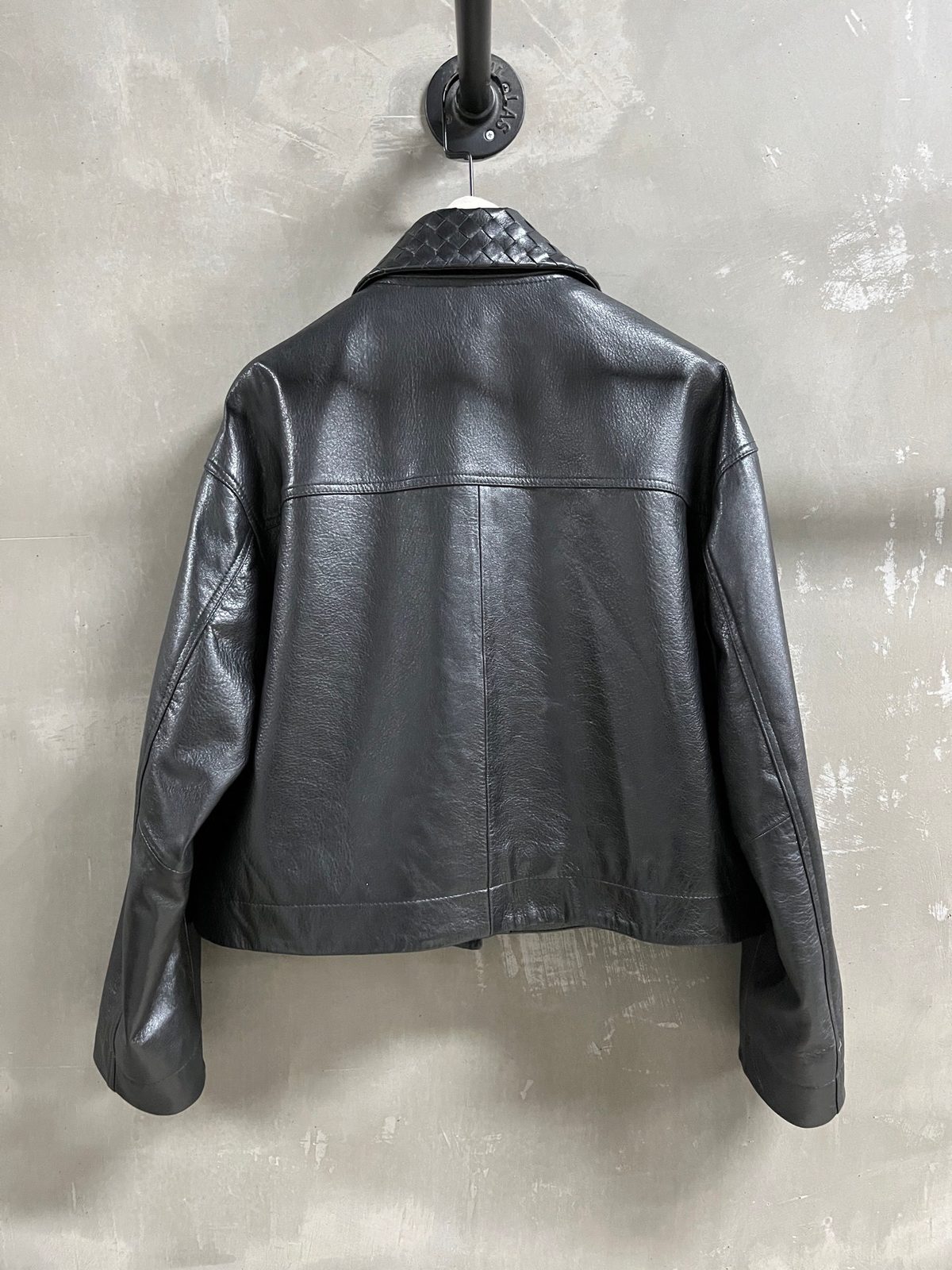 Black Leather Cropped Jacket with Quilted Collar