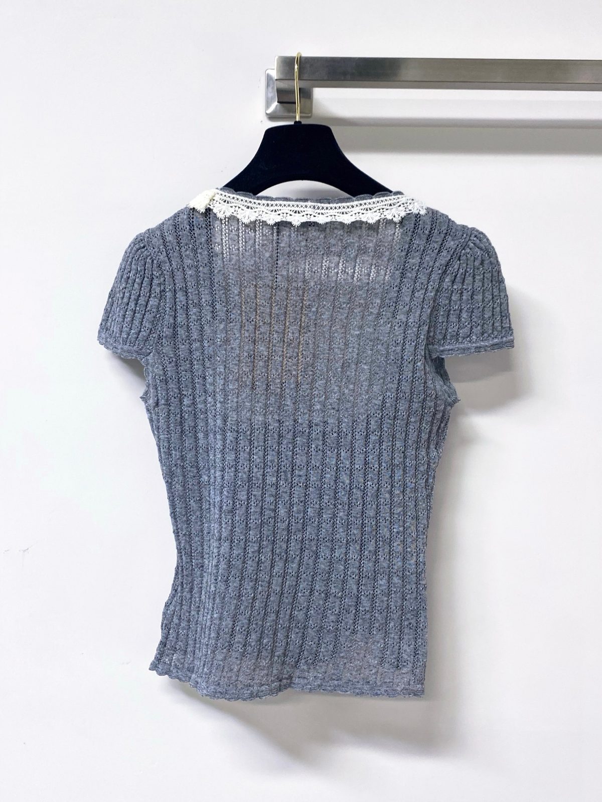 Miu Miu Ribbed Wool Lace Trim T-Shirt