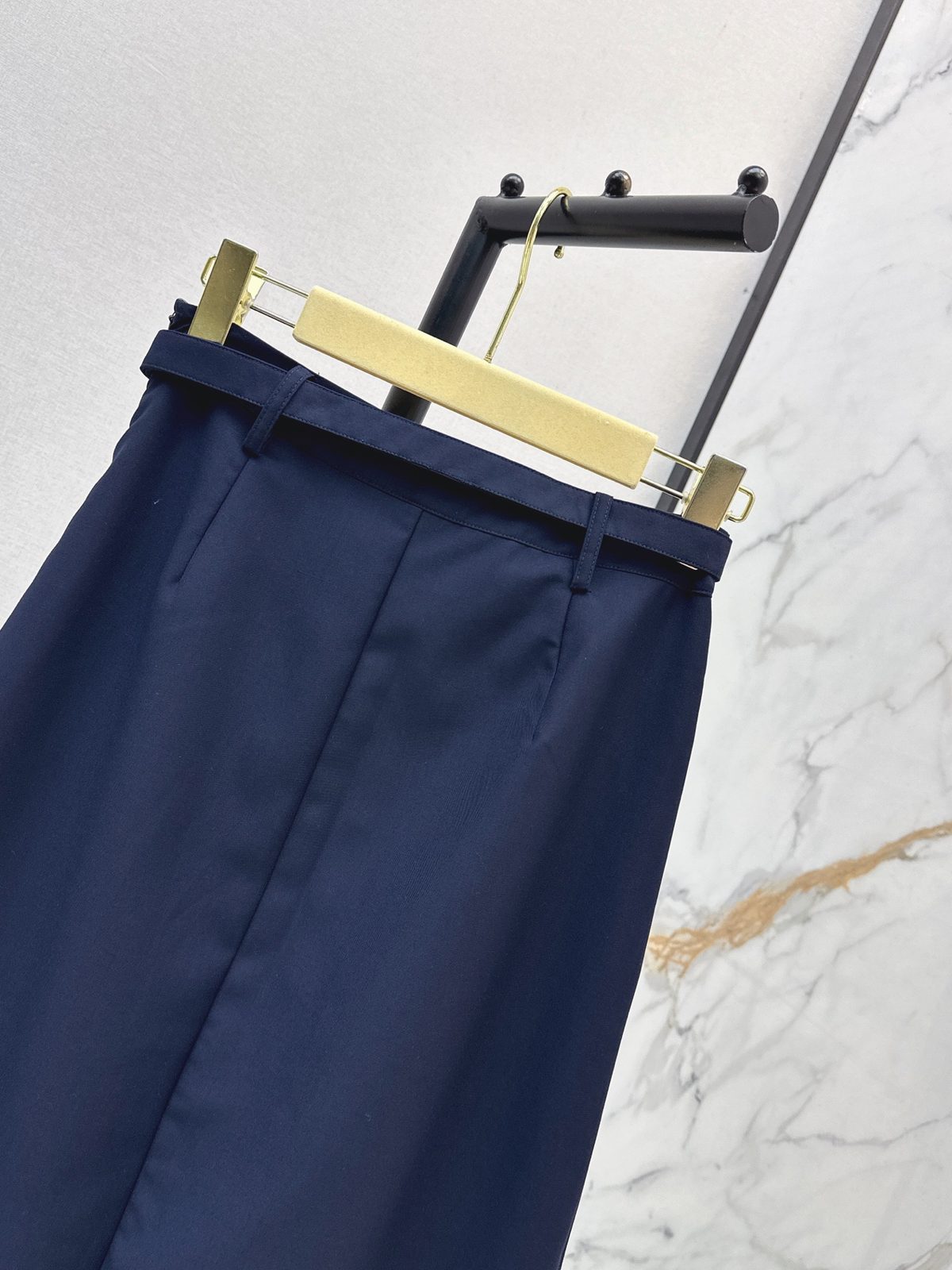 Navy Blue A-Line Midi Skirt with Belt