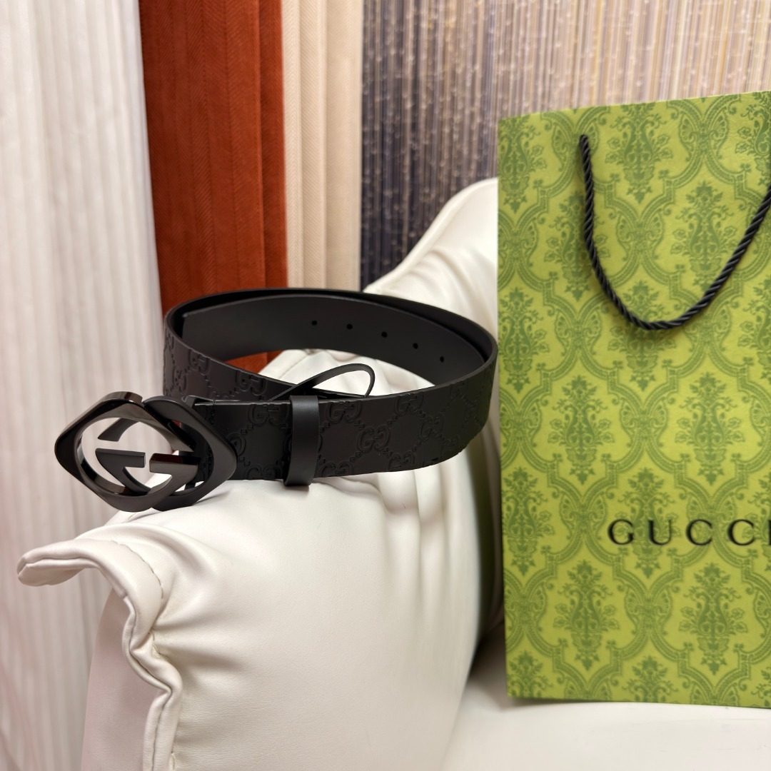 Gucci GG Embossed Black Leather Belt