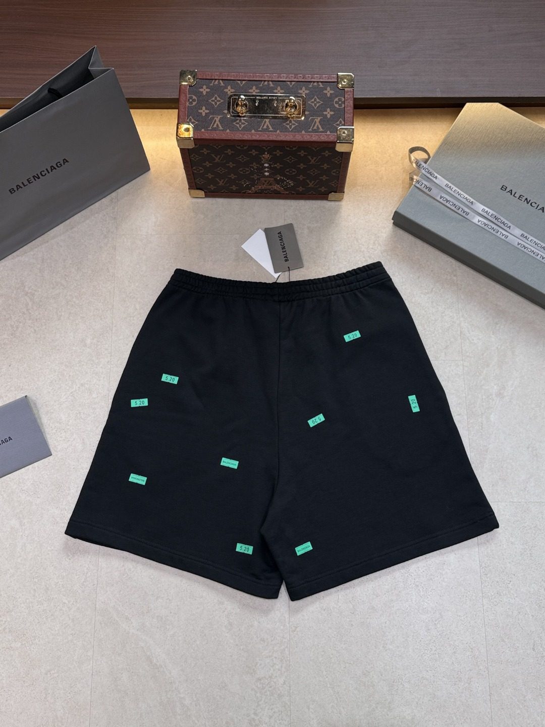 Balenciaga Black Shorts with Turquoise Labels