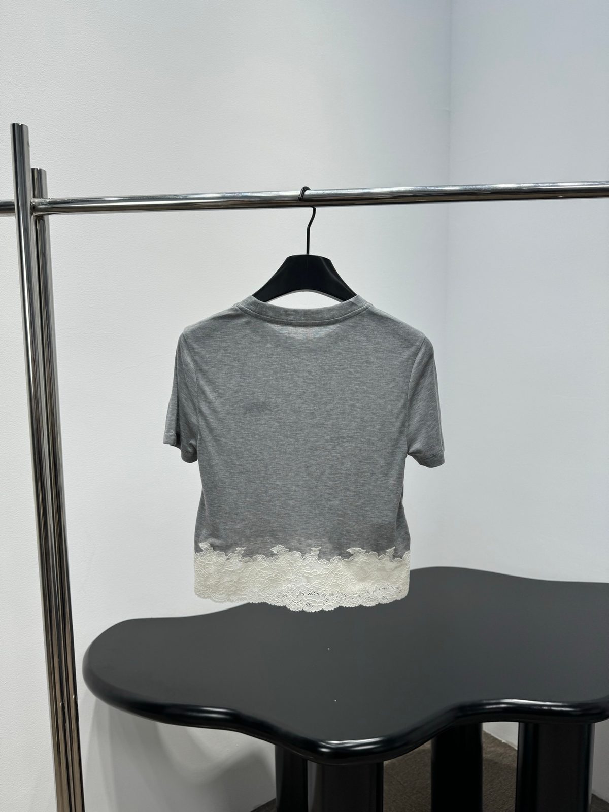 Gray Lace Trim Crewneck T-Shirt