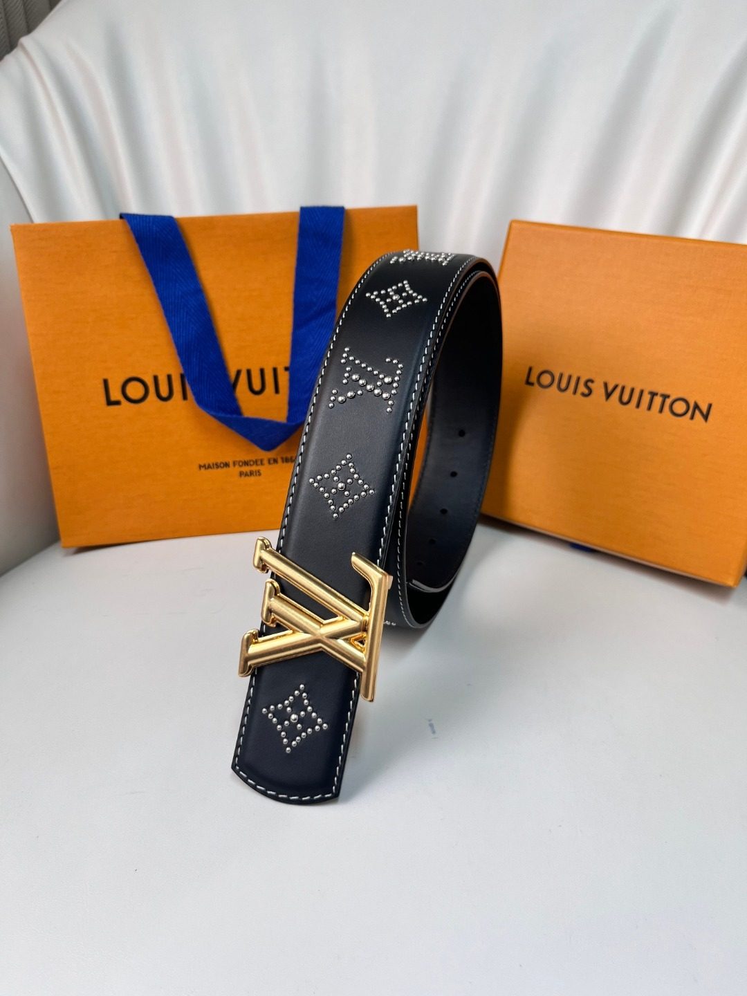 Louis Vuitton Studded Leather Belt with Gold Buckle