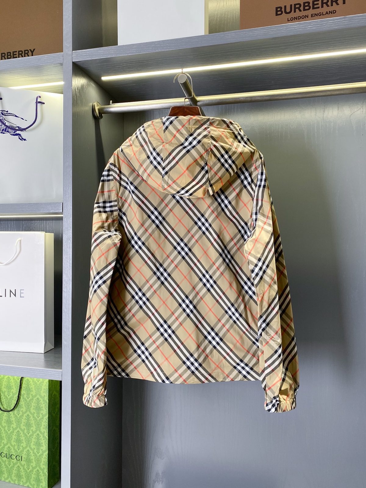 Burberry Check Pattern Hooded Windbreaker Jacket