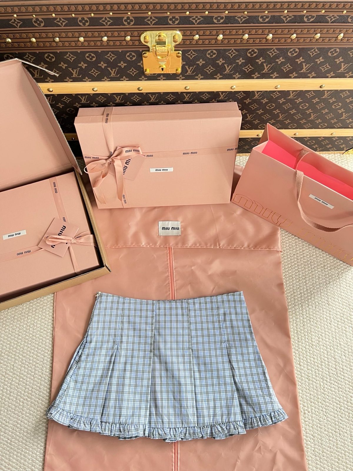 Miu Miu Blue Gingham Pleated Skirt