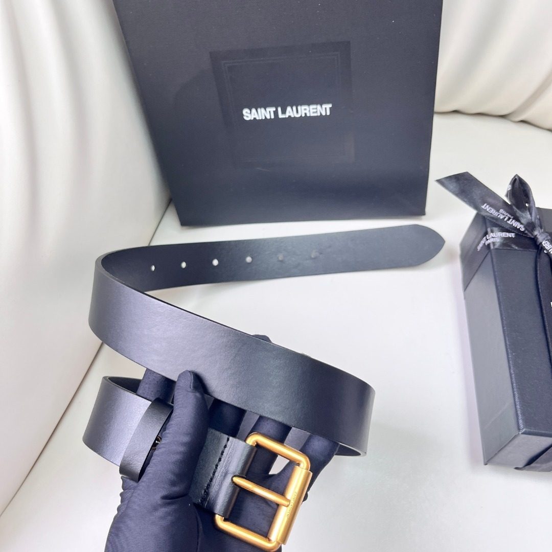 Saint Laurent Black Leather Belt with Gold Buckle