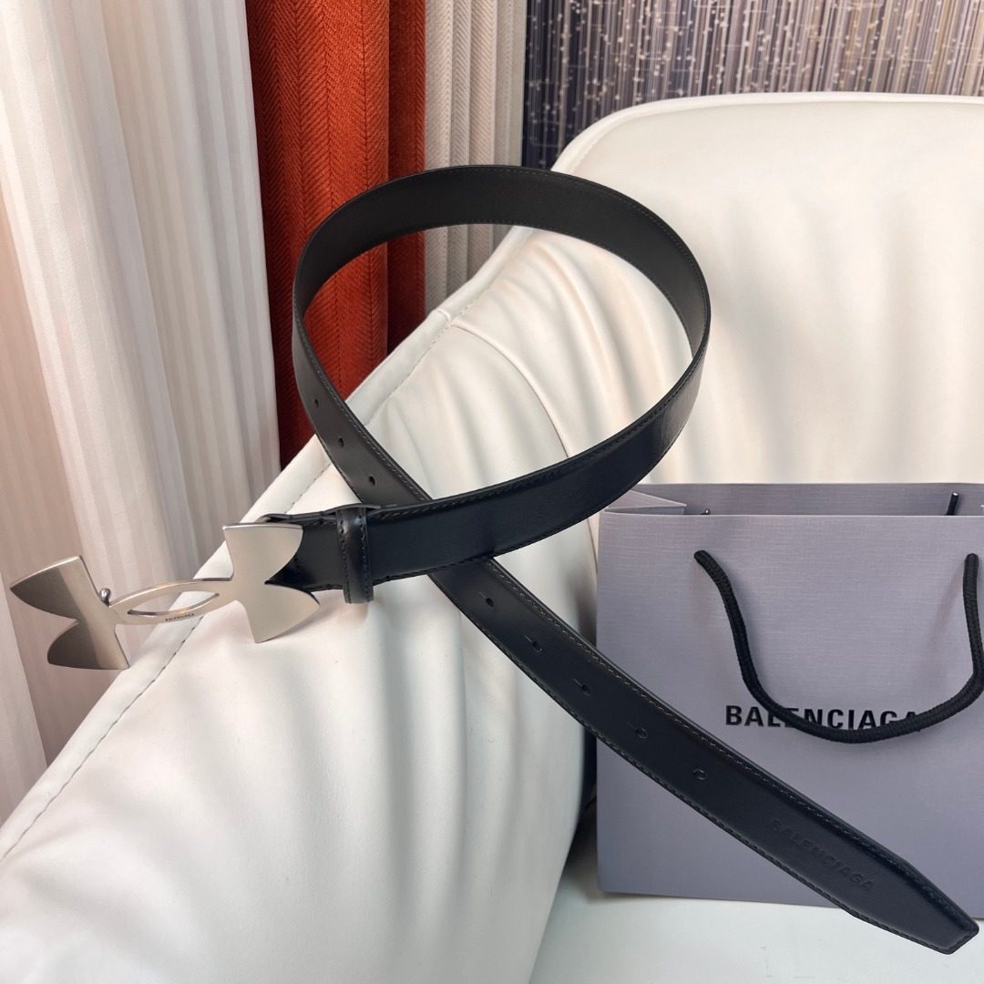 Balenciaga Black Leather Belt with Metal Buckle