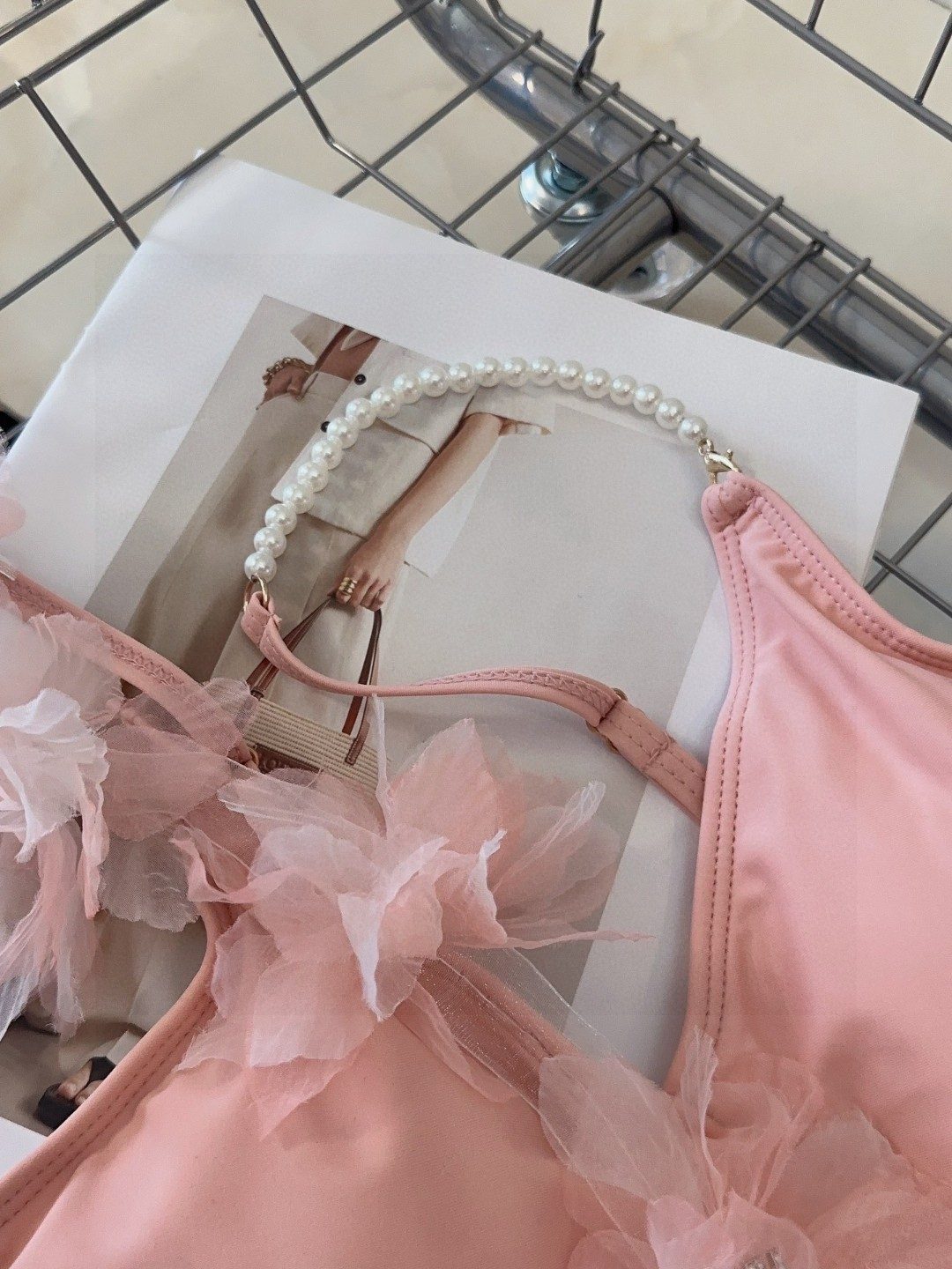 Pink Tulle Ruffle Shoulder Bag with Pearl Handle