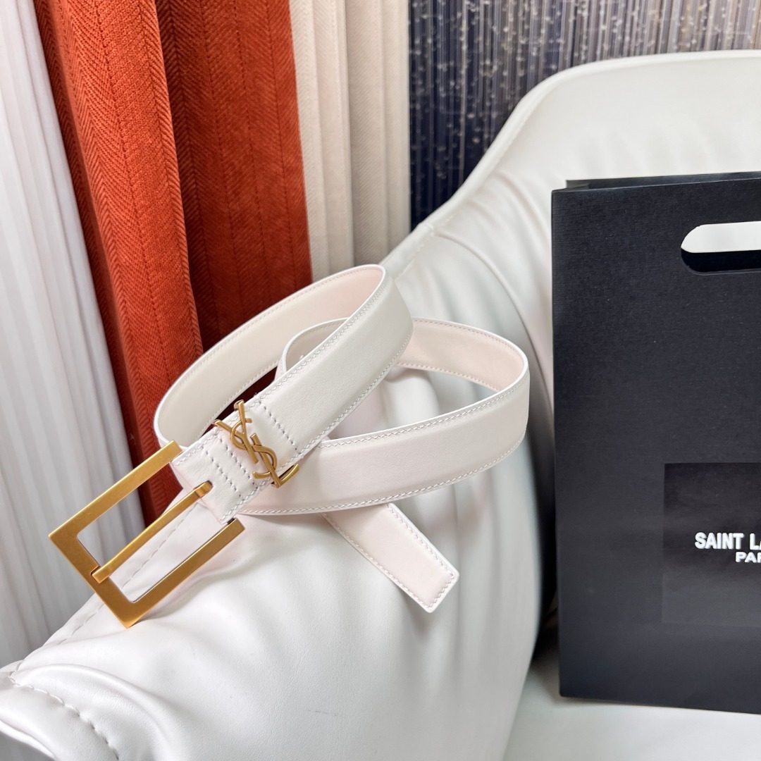 Saint Laurent Paris Leather Belt White