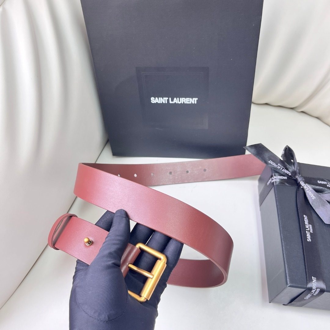 Saint Laurent Leather Belt with Gold Buckle