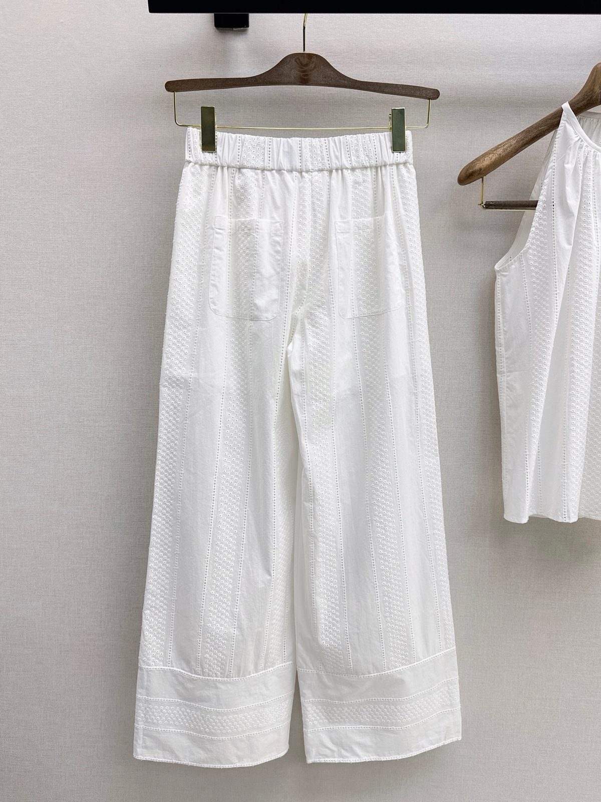 White Textured Cotton Pants with Decorative Hemline