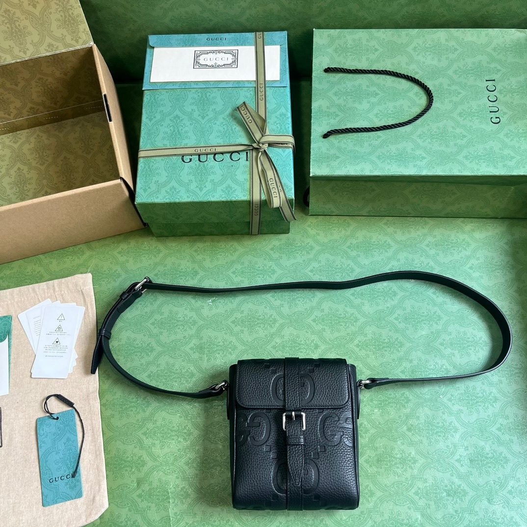 Gucci GG Embossed Black Leather Crossbody Bag