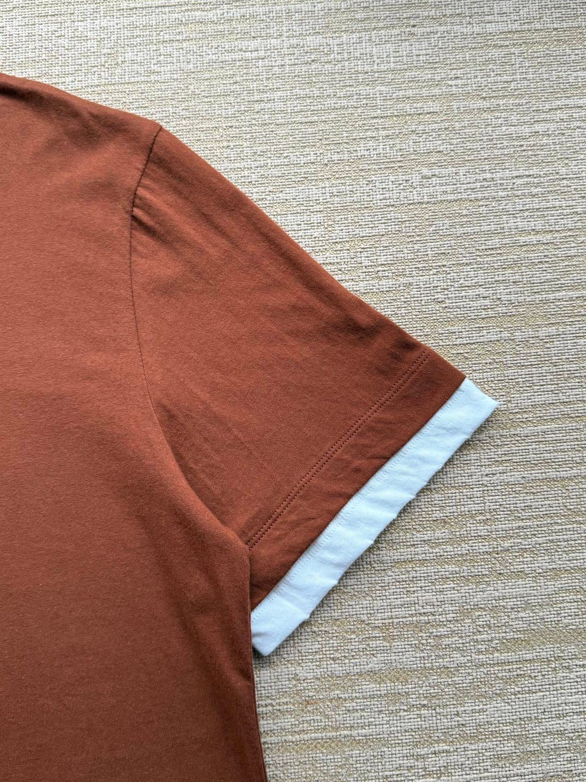 Rust Cotton Crewneck T-Shirt with Striped Sleeves