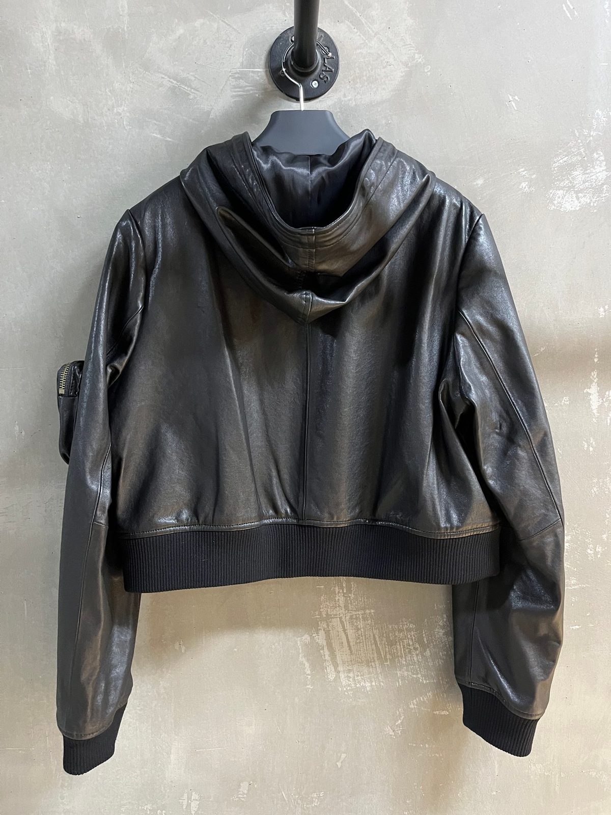 Black Leather Cropped Hoodie Jacket