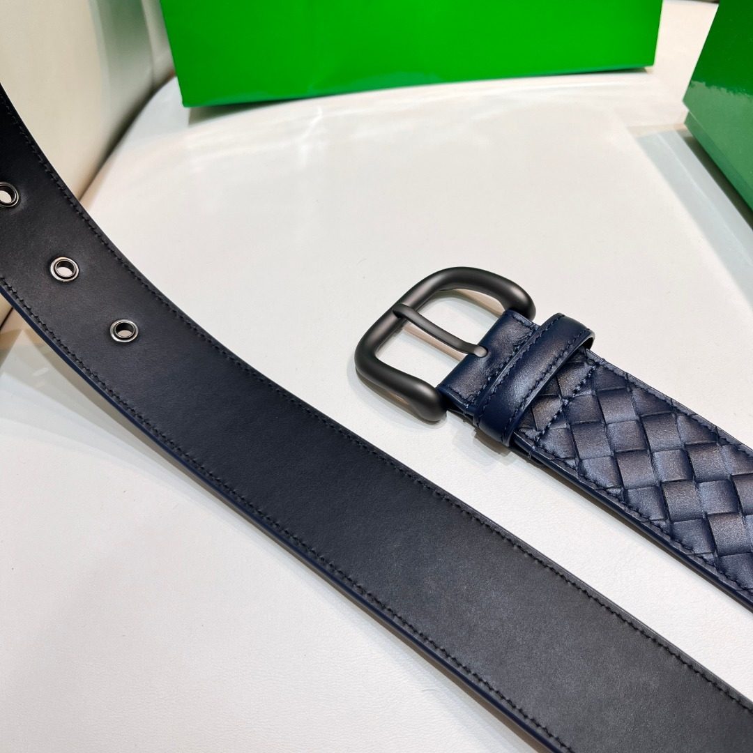 Navy Quilted Leather Belt with Black Buckle